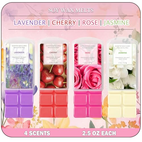Image of SCENTORINI Wax Melts, Scented Melts Cubes for Wax Warmers, 4 x 2.5 oz | Summer Flower Scent Wax Melts - Rose, Lavender, Jasmine, Cherry, Home Fragrance Decor