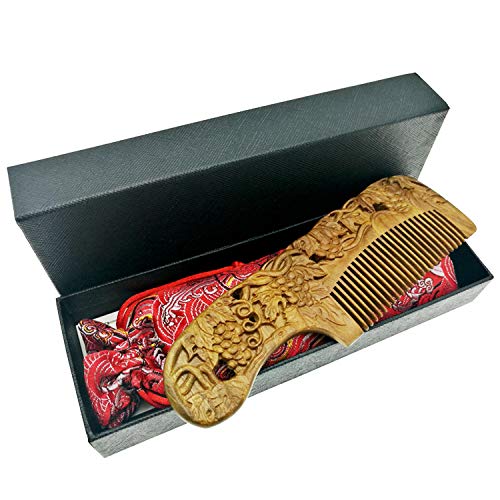 Chinese Wood Comb Handmade Grape Carved Craft Natural Green Sandalwood Exotic Hair Combs Gift-No Static and No Snag with Box & Bag