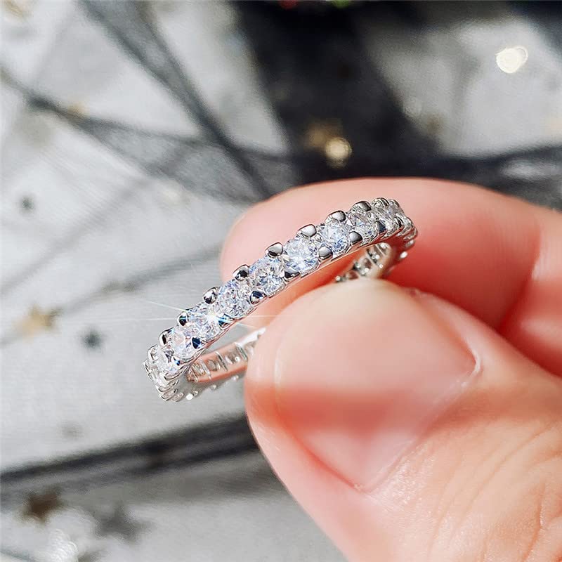 14K White Gold Silver CZ Diamond Stackable Band Ring Eternity Shiny Full Diamond Gemstone Ring Cubic Zirconia Rings Engagement Wedding Band Ring for Women Size 73