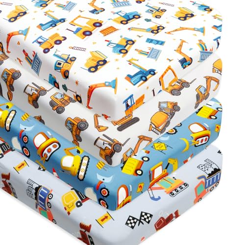 Image of 4 Pack Baby Boy Crib Sheets Set Soft Fitted Baby Boy Mattress Covers Construction Truck or Dinosaur Theme Breathable Toddler Sheets for Infant Boys (Construction Truck, Crib Sheets)
