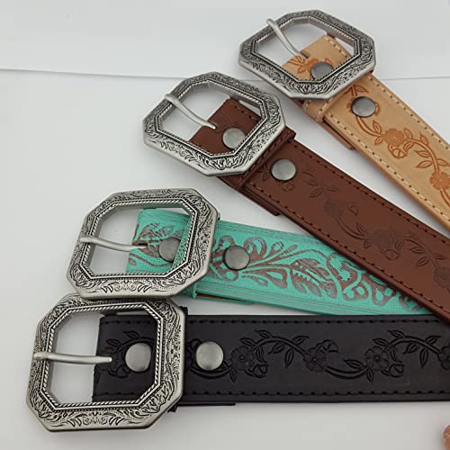 Trendy Floral Tooled Belt with a silver floral etched buckle3