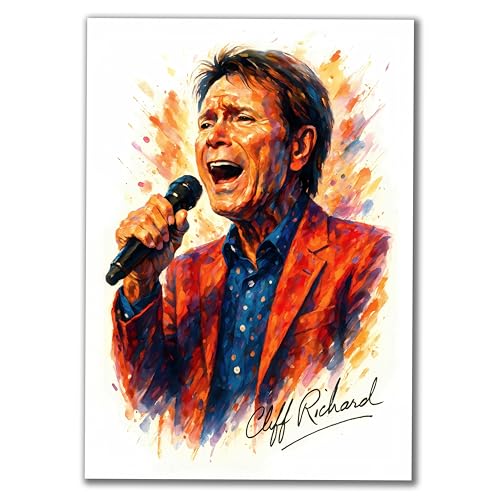 Cliff Richard Watercolor Art Print Music Legend Portrait Vibrant Orange and Blue Splash Art A4 Unframed Print