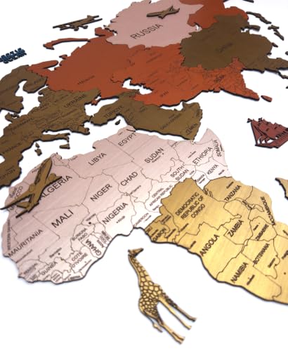 Image of ELK 3D Wooden World Map Wall Decor with Country Names, Capitals & States | Premium Multilayer Laser Cut Wall Art | Easy DIY Installation | Travel Theme Home Decor for Living Room, Office | Size XL : 205x116 CM