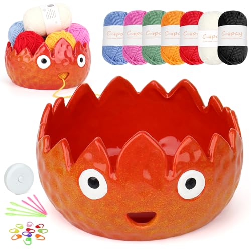 Image of Coopay Flame Yarn Bowl for Crocheting /Knitting, Cute Yarn Storage Bowl with 7PCS Yarn, Large Size Ceramic Yarn Bowl Crochet Knitting Bowl for Beginners, Great Knitting Crochet Gift (6.8in)