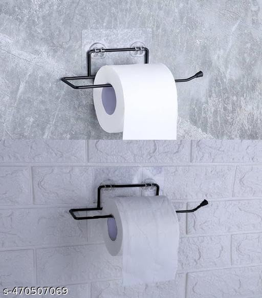 (Buy 1 GET 1) Self Adhesive No Drill Toilet Paper Holder/Tissue Paper Roll Holder/Hanger/Towel Bar Stand for Bathroom Accessories (Black, 2) Jy 7 1