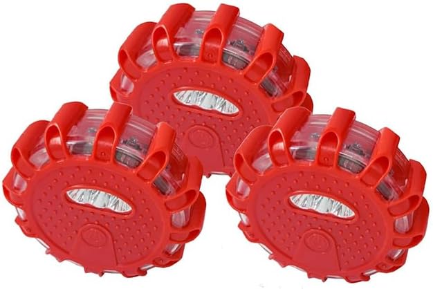 3Pcs RED LED Highway Flares Warning Lights for Roadside Emergency Security Beacon Flashing Flare Package with Magnetic Base and Hook for Automotive Truck Boats