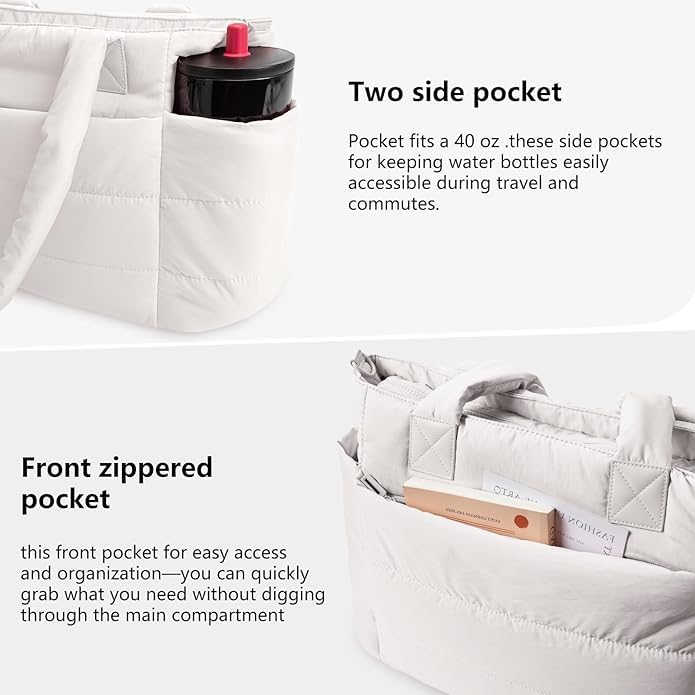 Image of Tote Bag for Women Puffer Tote Bag Large Nurse Bags Shoulder Handbag with Zipper for Work Travel,16.3 x 6.3 x 12 inches (MULTI COLOR) (6 Month Warranty)