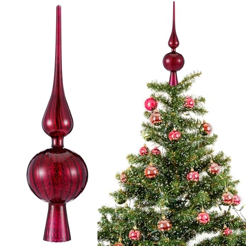 Gejoy Mercury Glass Finial Christmas Tree Topper 12 Inches Vintage Spherical Xmas Tree Topper Mid Century Christmas Ornament for Home Xmas Holiday Party Decorations(Burgundy)