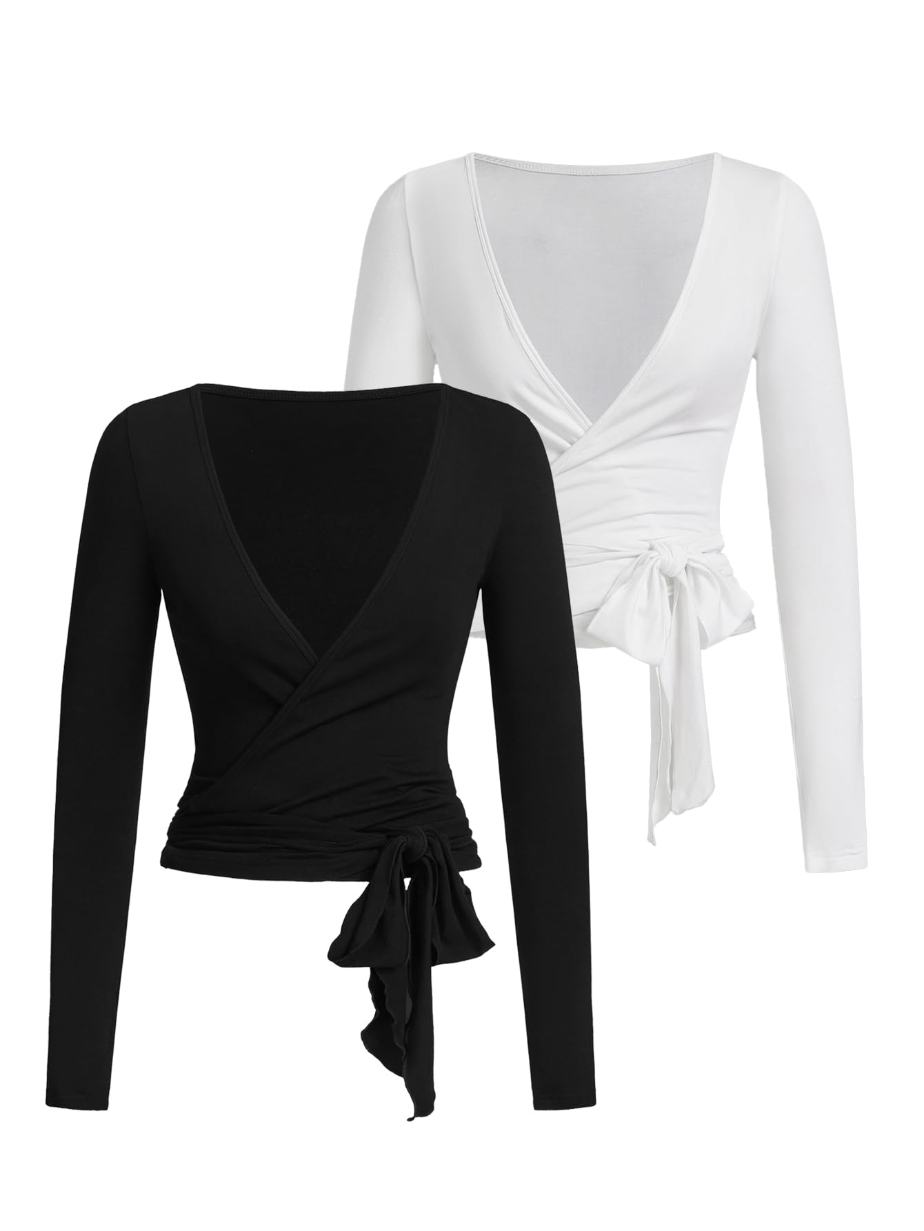 SweatyRocks Womens Pilates Outfits Wrap Tops Ballet Yoga Coquette Shirt Cute Long Sleeve Workout Activewear