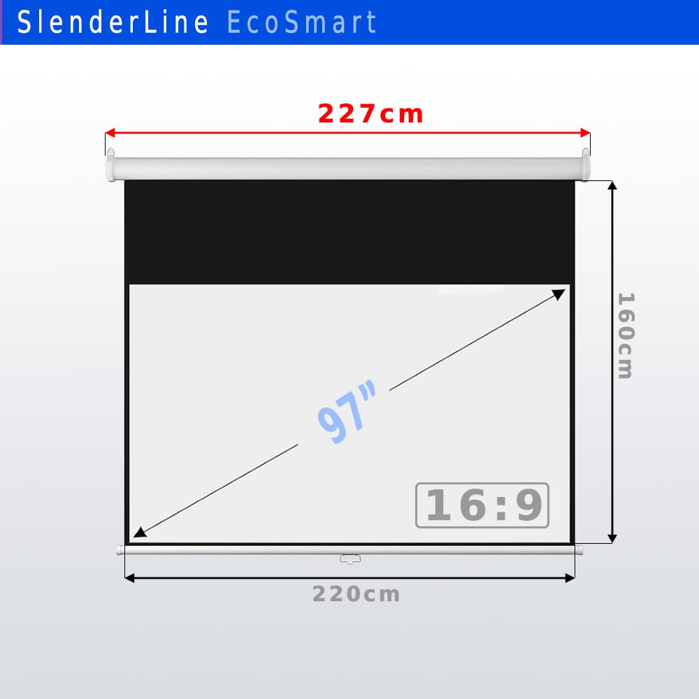 SlenderLine EcoSmart Rolloleinwand 220x124 cm | 97 Zoll | 16:9 Format | GESAMTBREITE: 227cm | optimal für Smart & Mini Beamer | Heimkino Leinwand | Decke oder Wand | 8 Kant-Gehäuse