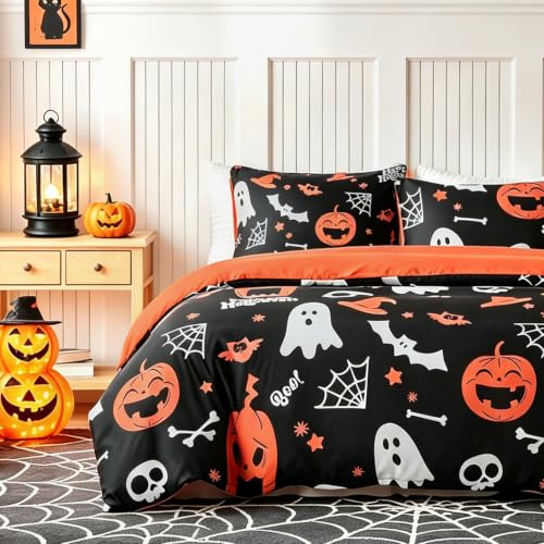 Image of Lekesky Halloween Black Duvet Cover King Size, Pumpkin and Ghost | Zipper Closure, 8 Interior Ties, Ultra Soft Microfiber Breathable, Machine Washable, 104 inch X 90 inch,with 2 Pillowceses 20 inch X 36 inch
