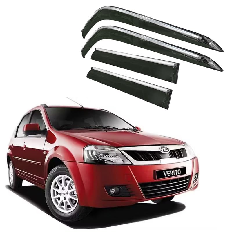 Image of CAR SAAZ Side Door Visors for Verito (2016-2019)(Set of 4Pcs)|Chrome Lined Rain Guards, Polycarbonate, Smoke Finish