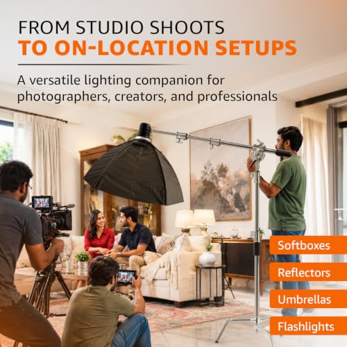 Image of Amazon Basics Heavy Duty Light Boom C-Stand with 3.5ft Holding Arm & Grip Head, Multi Angle Adjustment, Spring Loaded Aluminium Rod, for Flashlights, Reflectors, Softboxes & Umbrellas