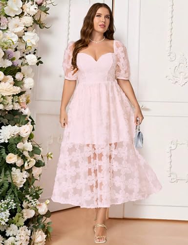 Image of EYWOL Formal Wedding Guest Cocktail Party Floral Embroidered Dress M-3XL | Embroidered,Floral,Sheer A-Line,Maxi,Sweetheart Neckline,Puff Sleeves,Tie Back, Parties,Wedding,Formal,Cocktail,Occasions