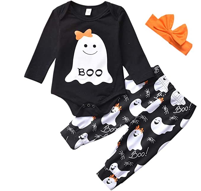 Infant Baby Girl Halloween Outfits Long Sleeve Rompers and Printed Pants with Headband 3pcs Set