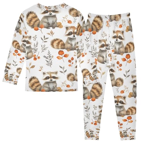 senya Raccoon Autumn Leaves Pajamas Set Long Sleeve Soft Cotton Sleepwear 2 Piece2