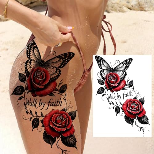 Image of VANTATY 4 Sheets Large Watercolor Flower Lily Temporary Tattoos For Women Adults Arm Thigh Tattoo Sticker, Realistic Floral Butterfly Rose Fake Tattoos Body Art Hips Buttock Makeup Tatoos Long Lasting