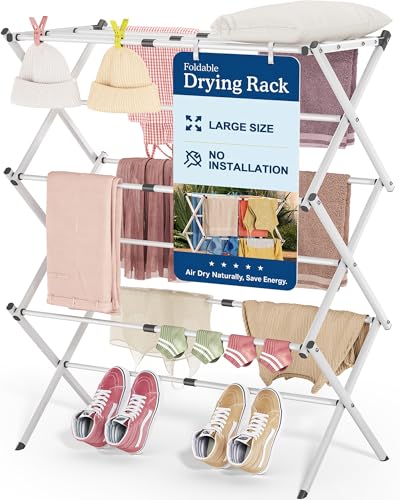 APEXCHASER Oversize Clothes Drying Rack, 3-Tier Drying Rack Clothing, Expandable Metal Laundry Drying Rack, Air Drying Rack, Clothes Rack, No install, 24lb Capacity, 14.9' D x 29.3' W x 39.3' H, White