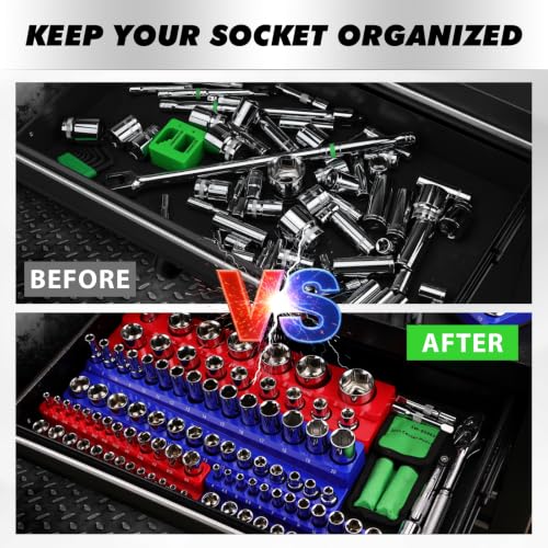 Image of 8-Piece Magnetic Socket Organizer Set, SAE & Metric Socket Holders for 1 /4 inch, 3 /8 inch, 1 /2 inch Drive, Holds 199 Sockets, Rubber-Coated Toolbox Storage Trays, Blue and Red Tool Box Organizer