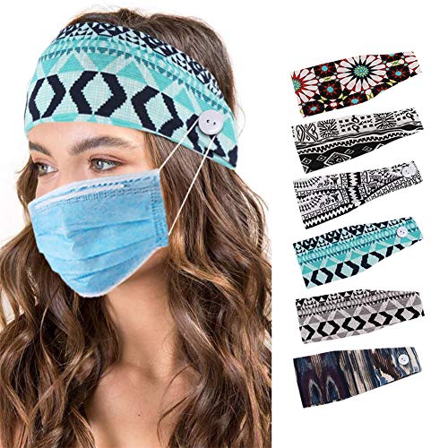 6 Pieces Stripe Headbands with Buttons for Face Cover, Button Headband Non Slip Stretchy Hair Bands Head Wrap Face Cover Holder Ears Protection for Nurses Women