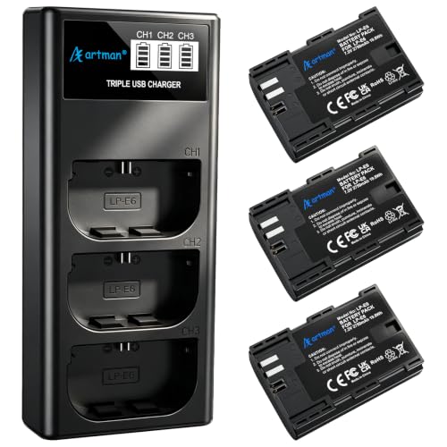 Artman LP-E6N LP-E6 Battery 3-Pack 2750mAh and 3-Slot LCD Charger for EOS R R5 R6 R7, R5 C, R6 Mark II,EOS 5D Mark II III IV,5D SR,6D Mark II 7D Mark II,6D 7D 90D 80D 70D 60D 60DA,XC10 XC15 Camera