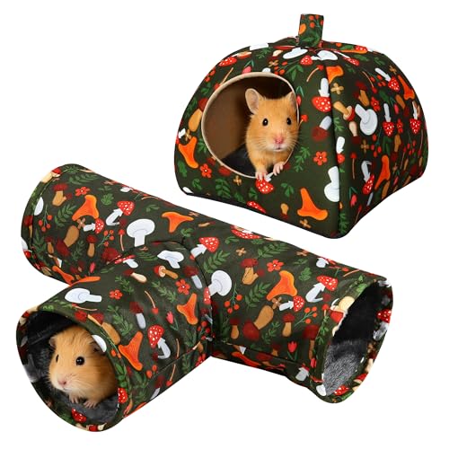 Guinea Pig House & 3-Tunnel Set - Cuddly House & Toy Guinea Pig Bed Accessories Hideaway Hamster Bed for Rabbits Guinea Pigs Ferrets Chinchillas and Other Small Animals