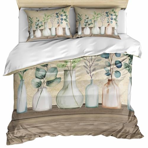 Farmhouse Botanical Duvet Cover Twin - 3 Pieces Bedding Set with 1 Duvet Cover and 2 Pillow Shams, Bottles Plans Country Brown Wooden Grain Soft Comforter Covers Set with Zipper Closure (No Comforter)