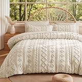 MR&HM Beige Comforter Set Queen, Tufted Boho Bedding Set, Farmhouse Bed in a Bag Set 7 Pieces with 1 Comforter, 2 Pillow Shams, 2 Pillowcases, 1 Flat Sheet, 1 Fitted Sheet for All Seasons