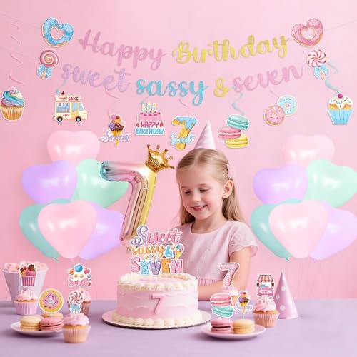 Image of 7th Birthday Party Decorations - 40 Pcs Donut Sweet Sassys and 7 Hanging Swirls Decors Sets for Girls Seven Candy Celing Banner Supplies Happy Dessert Insert Cupcake Toppers Balloons Favors