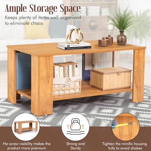 Image of ABOUT SPACE Coffee Table - Portable Wooden Centre Table with Storage, Open Rack & Corner Baffles - Furniture - Sofa /Tea /Teapoy for Living Room, Home, Office (Teak - L 90 x B 55 x H 45 cm)