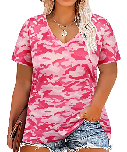 Image of RITERA Women Plus Size Tops Tie Dye V Neck Shirt Floral Camo Summer Short Sleeve Tunic Oversized Ladies Blouse XL-5XL