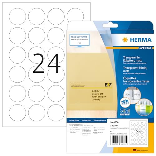 Étiquettes de fermeture Herma 4236 transparentes rondes de 40mm sur feuilles A4