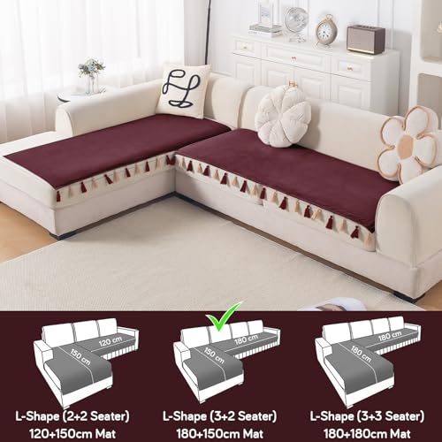 Image of HOKIPO Tassel Tone Holland Velvet Sofa Cover L Shape 5 Seater Mat, Wine Red