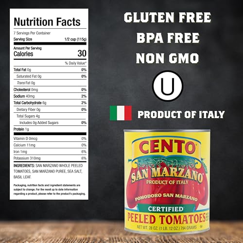 Cento Certified San Marzano Whole Peeled Tomatoes, 28 Oz (Pack of 6), Canned Plum Tomatoes in Thick Puree with Basil, Grown and Processed in Italy