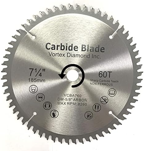 VORTEX DIAMOND VAB 7-1/4Inch 60 Teeth TCT Non-Ferrous Metal Cutting Circular Saw Blade with DM-5/8" Arbor (7-1/4 Inch 60 Teeth)