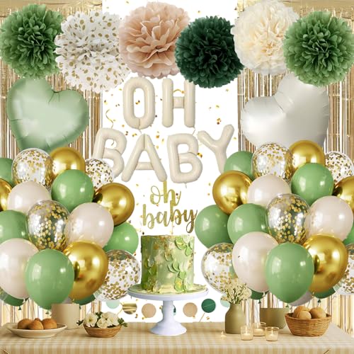 Verde Decoración Baby Shower Niña Niño con Globos Oh Baby y Dorado Verde，Cortina de Oropel Dorada，Globos Baby Shower Niño Niña para Decoración Fiesta de Revelación Género