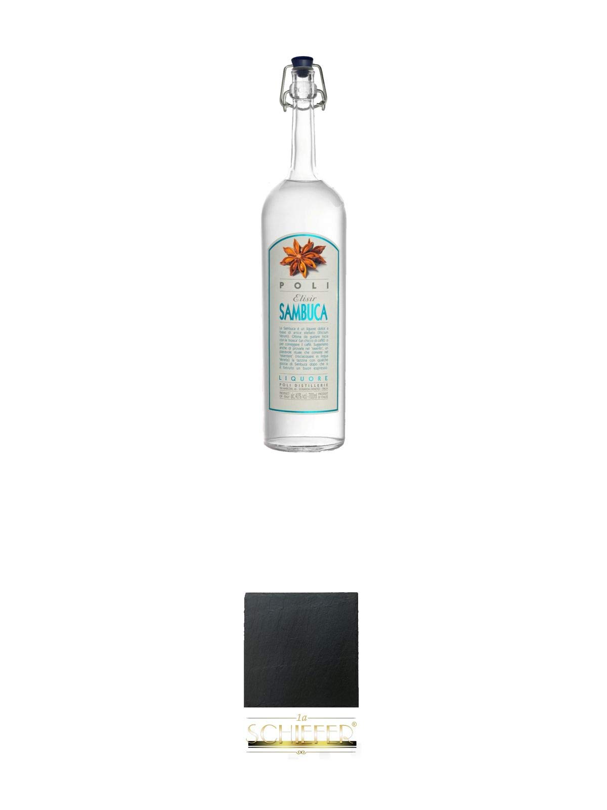 POLI ELISIR SAMBUCA 0,7 Liter + Schiefer Glasuntersetzer eckig ca. 9,5 cm Durchmesser