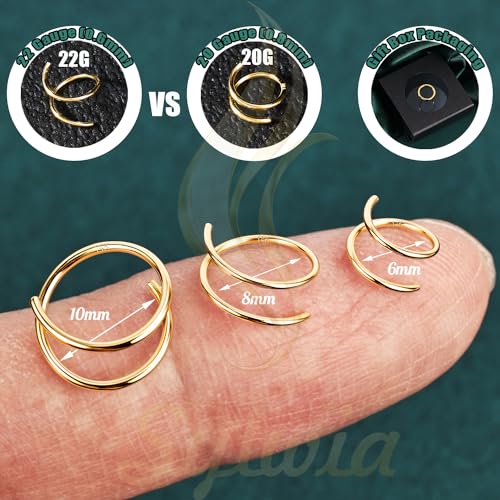 SYLWIA 14k Solid Gold Double Hoop Nose Ring Hoop, Handmade 22g/20g Thin Nose Piercing Jewelry, 6/8/10mm Diameter Hypoallergenic Real Gold Nose Rings for Women Men3