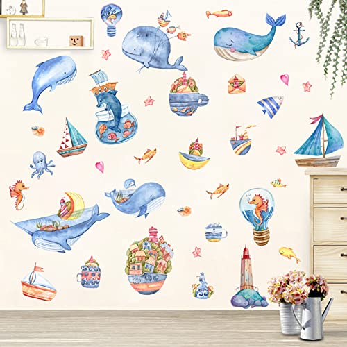Ocean Wall Stickers For Kids, Under The Sea Whale Wall Decals, Colorful Cartoon Ocean Sailboat Fish Stickers Creative Diy Art Murals Pools Bathroom Kids Bedroom Baby Nursery Wall Decor #TOP29