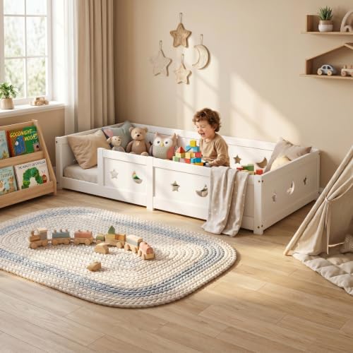 Cama De Suelo De 90 X 200 Cm, Cama Infantil Montessori Con Protección Anticaída Y Somier De Láminas, Diseño De Estrellas Y Lunas, Cama Infantil Toddler Bed Para Niños Y Niñas, De Madera Maciza De Pino