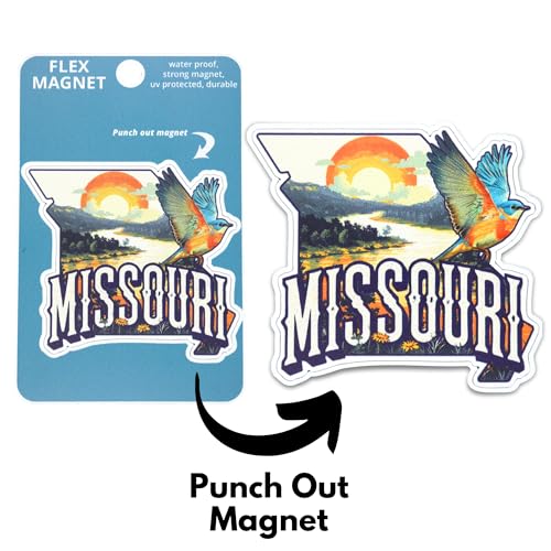 Imán de goma Missouri con diseño de pájaro y río 3 x 2.5 pulg miniatura 2
