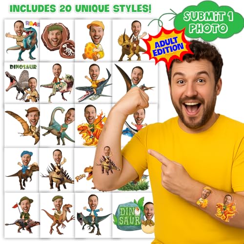 Image of Custom Funny Dinosaur Temporary Tattoos for Kids | Personalized Pre-Cut Face Photo, Birthday Party Favors for Boys, Dinosaur Lovers, Set of 20
