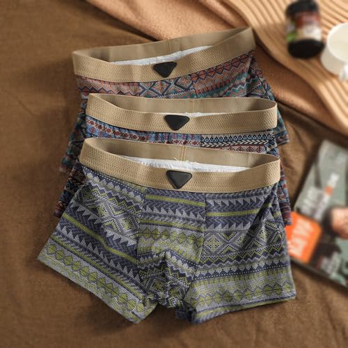 Men's Premium Cotton Boxer Briefs 3Pcs Men Retro Pattern Breathable Mesh Briefs Comfort Patchwork Seamless Underwear3
