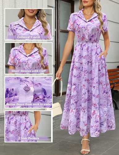 Image of Kranda Women 2026 Summer Collared V Neck Short Sleeve Button Down Chiffon Long Tiered Floral Maxi Dress with Pockets