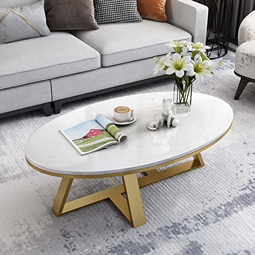 Elegante mesa de café de mármol blanco, parte superior ovalada de piedra sinterizada con marco de metal resistente, elegante mesa central para salas de estar pequeñas y oficinas en casa, diseño de