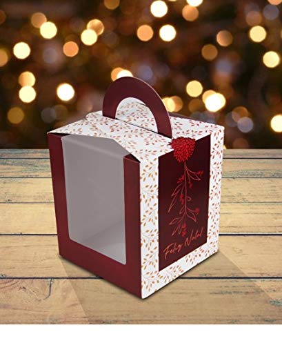 Caixa Panetone 500 gramas c/visor e alça (15 x 15 x 17 cm) Feliz Natal - 50 unidades