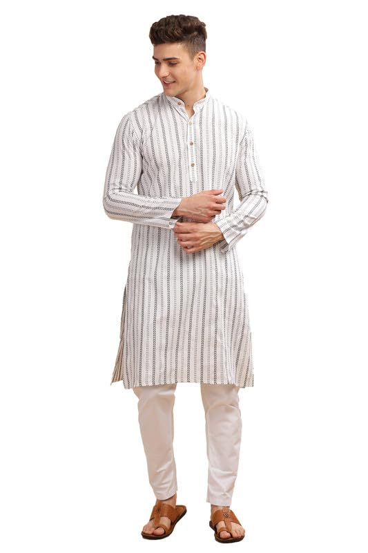 Be Active Men's Traditional Lining Stripe Stripes Design Full Sleeves Kurta || Cotton Kurta For Men || Men Kurta For Wedding || Kurta For Men (Sk0868 1 M) White