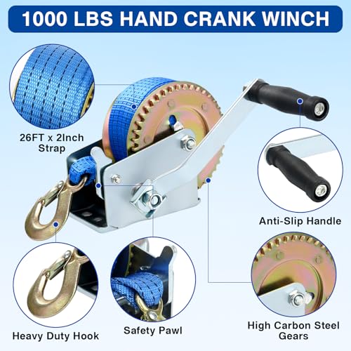 FreeTec Handwinde 453,6KG Stahl 1000LBS Bootswinde Handseilwinde mit 8M Polyester-Gurtband Seilwinde Manuelle Gurtswinde mit Handkurbel und Bremse für Werkstatt, Garage, Anhänger, Boot