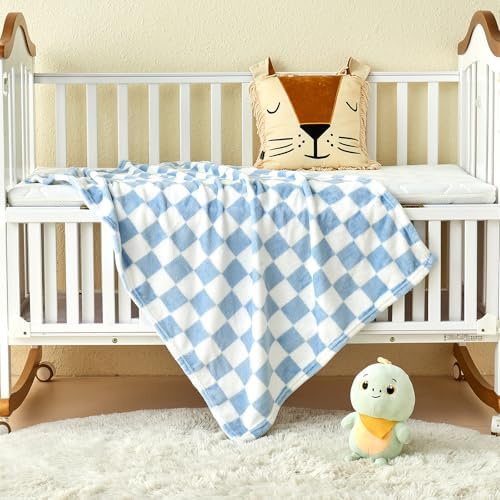 Yurhap Checkered Baby Blanket Fleece Baby Blankets for Boys, Ultra Soft Cozy Fluffy Infant Toddler Newborn Receiving Blankets for Crib Stroller, 30''x40'', Blue — view 4