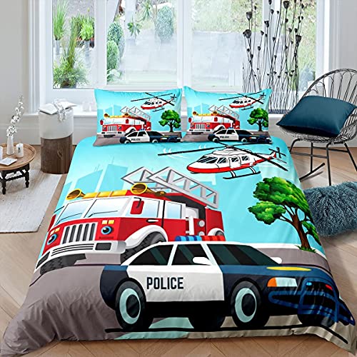 Housse de Couette 140x200 Voiture de Police Moteur D'incendie Parure de Lit Avion 1 Personne en Microfibre Douce Imprimée 3D avec Fermeture Éclair, avec 2 Taies d'oreiller 65x65 cm Cover